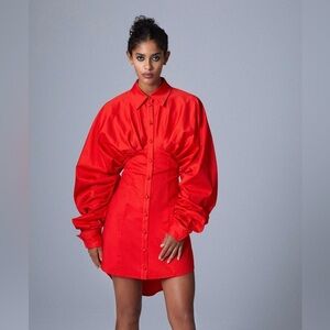 Aliette Red Poplin Cotton Shirred Puff Sleeve Shirtdress Dress Womens 2 New